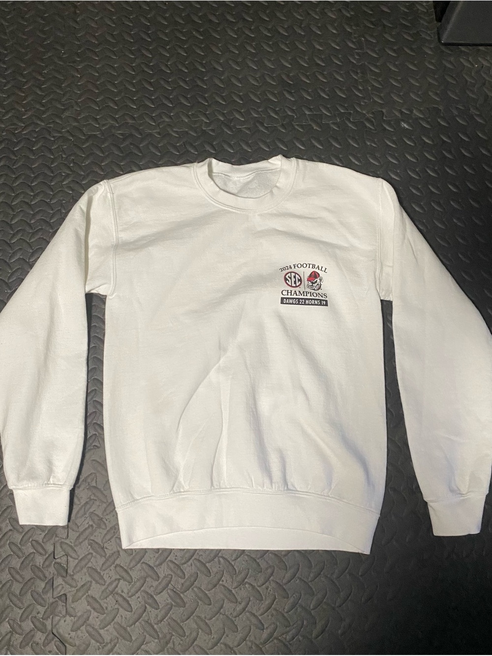 White Crewneck Sweatshirt with Small Football Champions Chest Graphic
